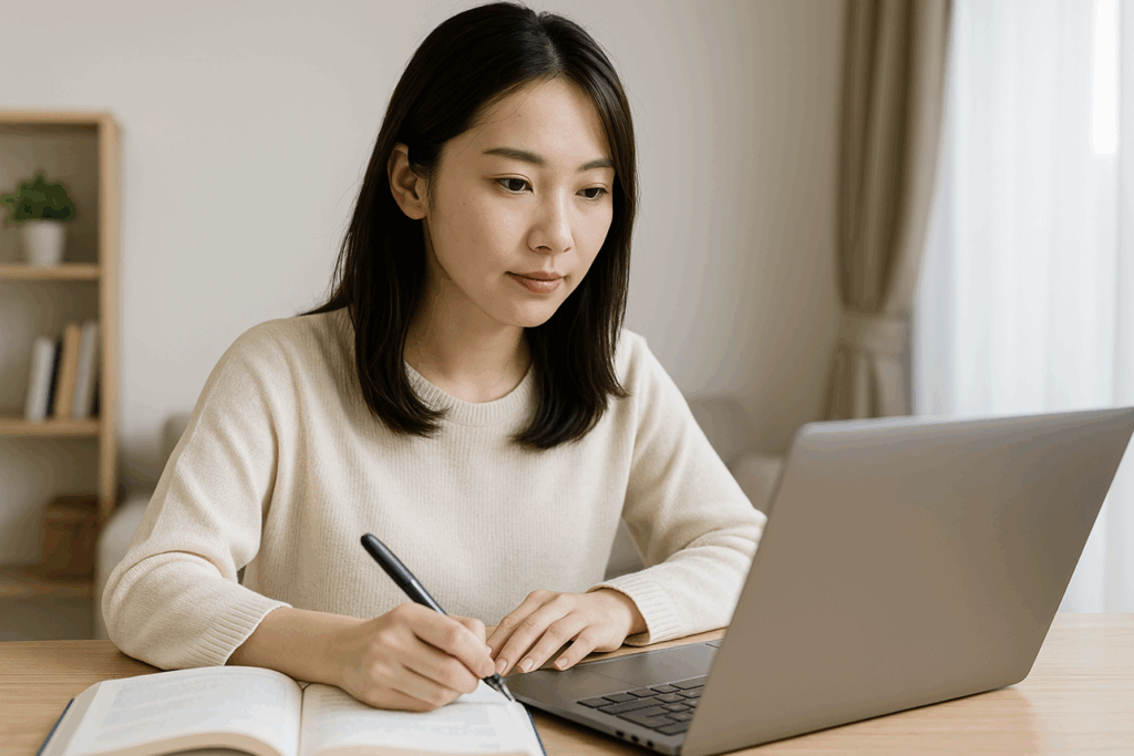 REVIハーブピーリング資格の勉強をしている女性