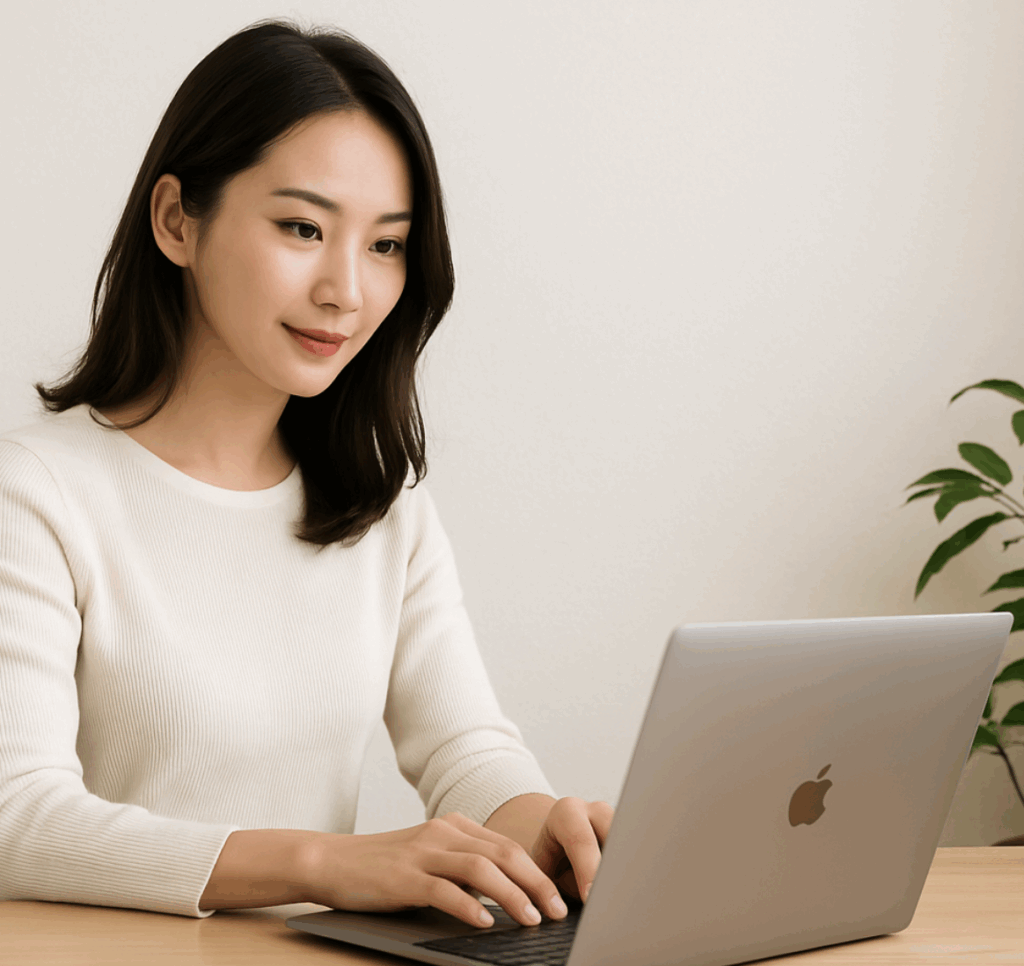 ノートパソコンでエステサロンのマーケティングについて情報収集する女性