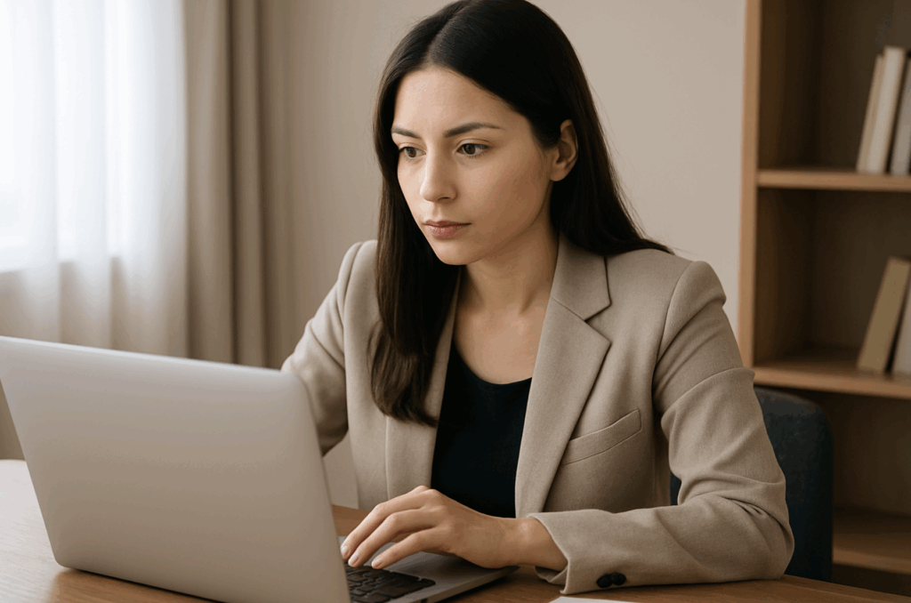 女性経営者がPCで脱毛サロン開業手順を調べている画像