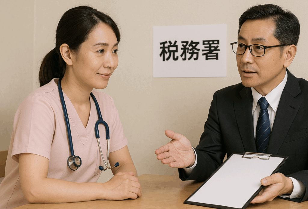助産師が税務署に相談をしている様子