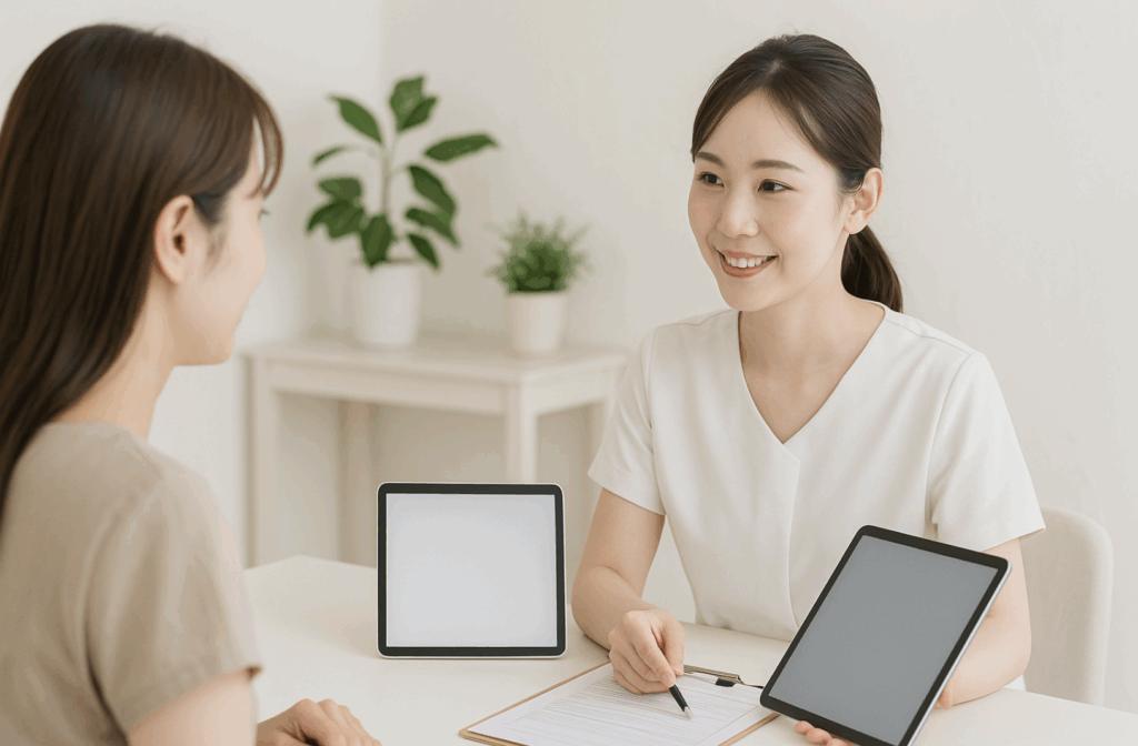 2025年最新版業務用脱毛器をおすすめしている女性スタッフの画像