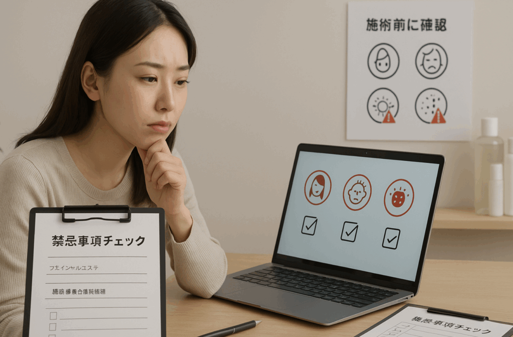 フェイシャルエステの禁忌事項について考えている女性