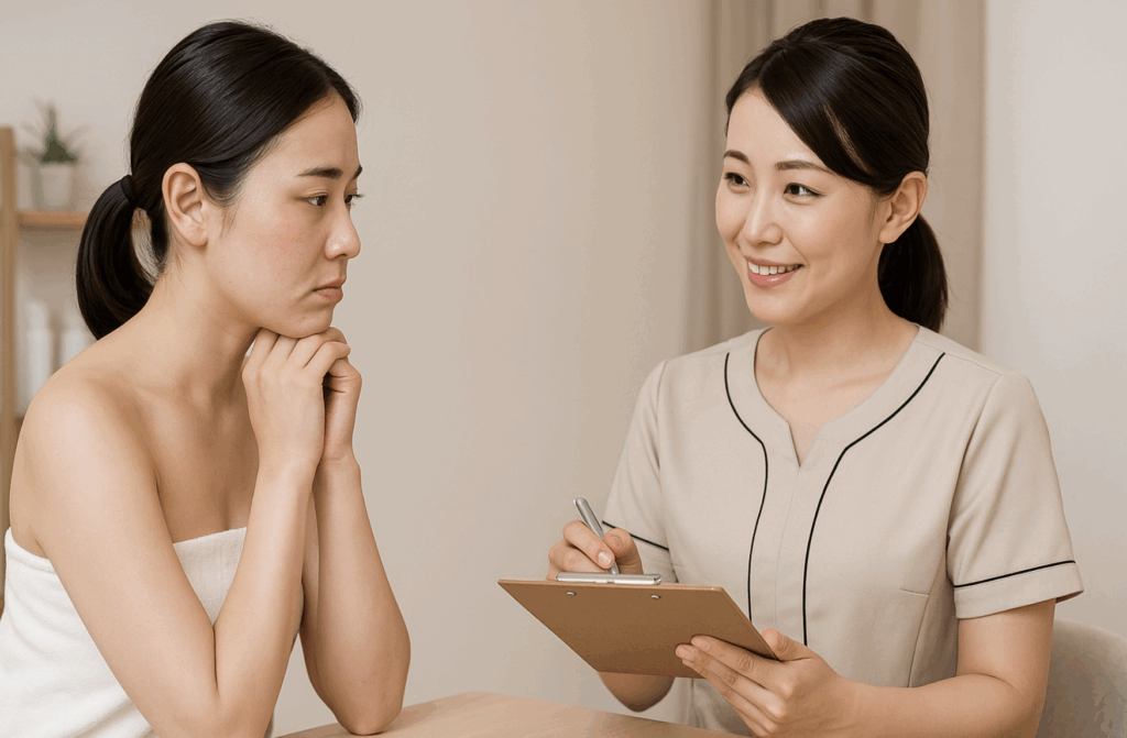 毛穴洗浄後ケアについて話している女性スタッフ