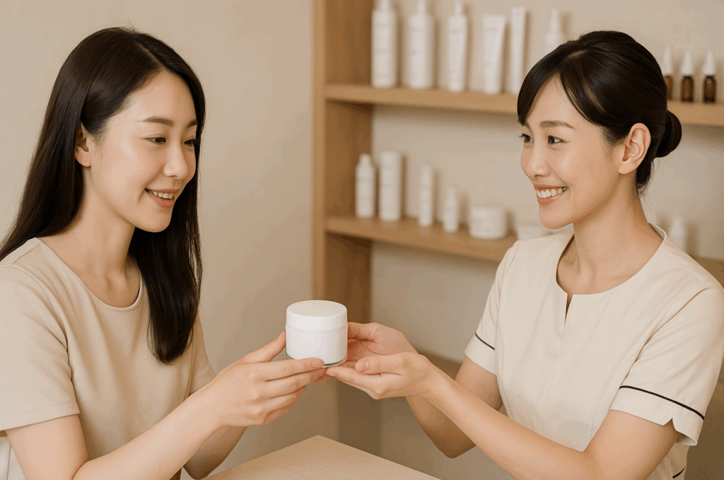 毛穴洗浄後、保湿クリームを購入している女性