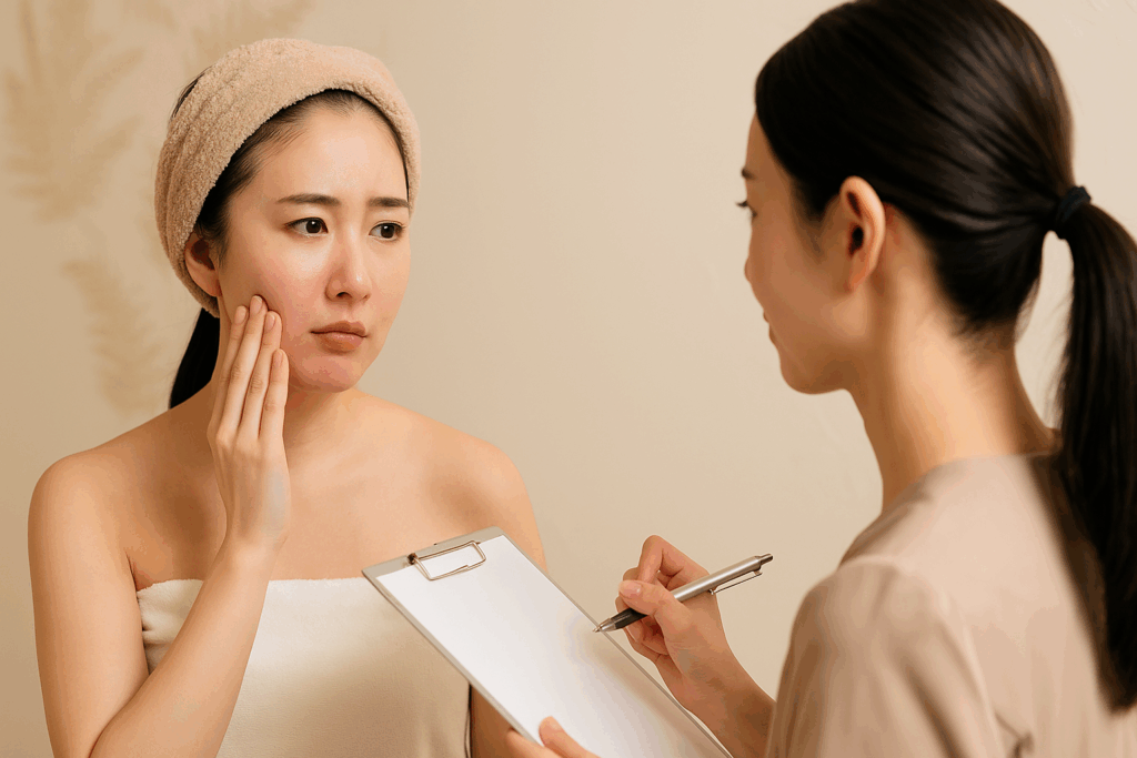 毛穴洗浄後のメイクについて相談している女性
